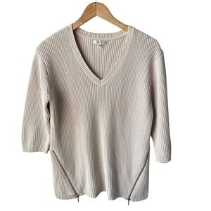 Tyler Boe Knit Sweater Tan Mineral Wash Shaker V-Neck Zipper Detail Cotton Large
